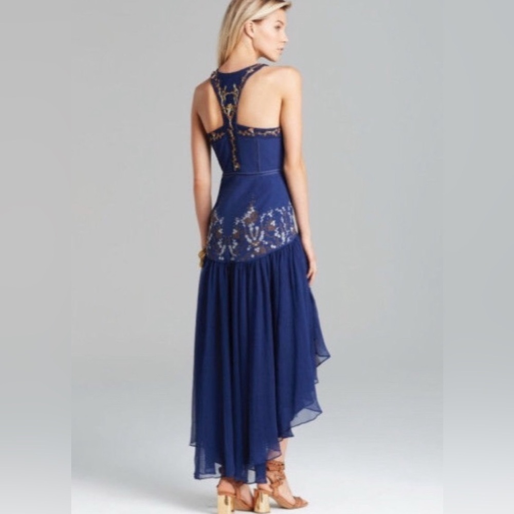 Free People Dream Garden Embroidered Hi-Low Dress, Blue w/Gold Accents, Size 6 - Picture 2 of 3
